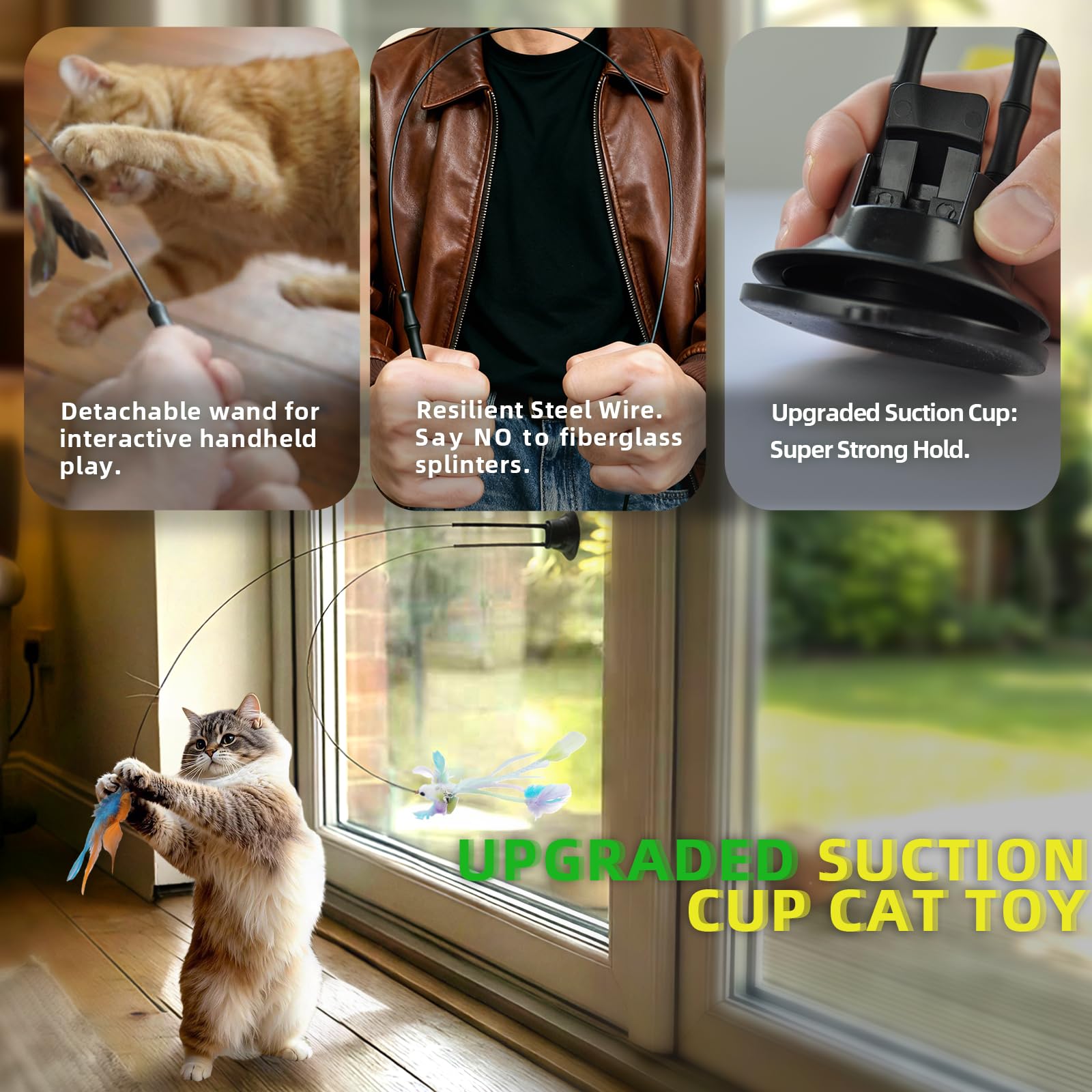 meouwow jouet fixé sur fenêtre en usage, garde le chat occupé