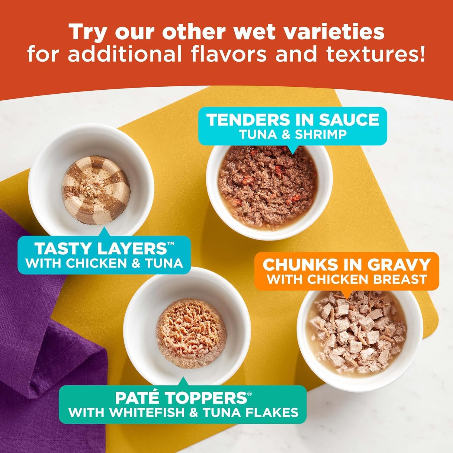Meow Mix comparaison taille coupelle montrant portion individuelle contrôlée