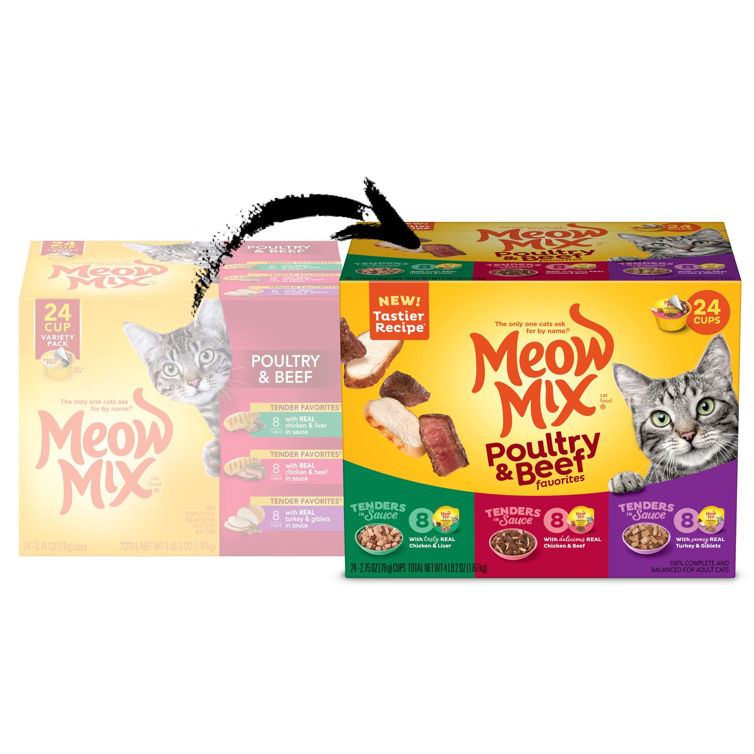 Meow Mix coupelle ouverte montrant tenders en sauce pour appétence