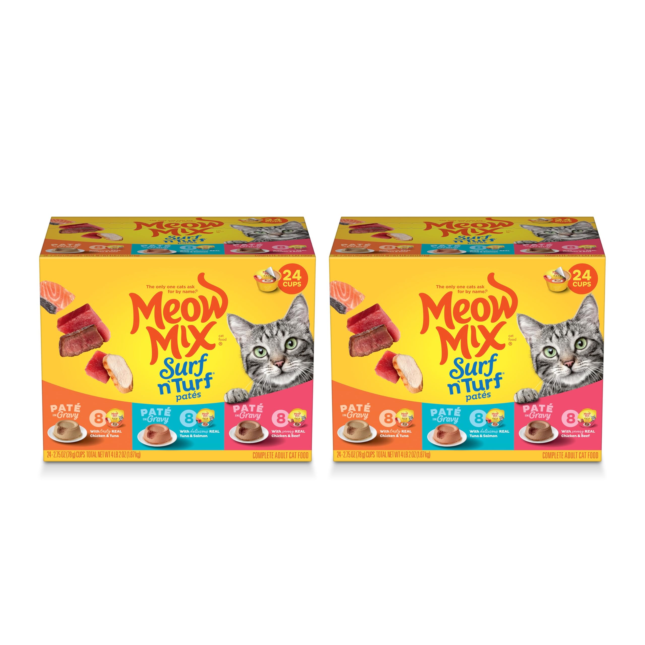 Meow Mix coupelle face avant montrant l’emballage pratique et gain de temps