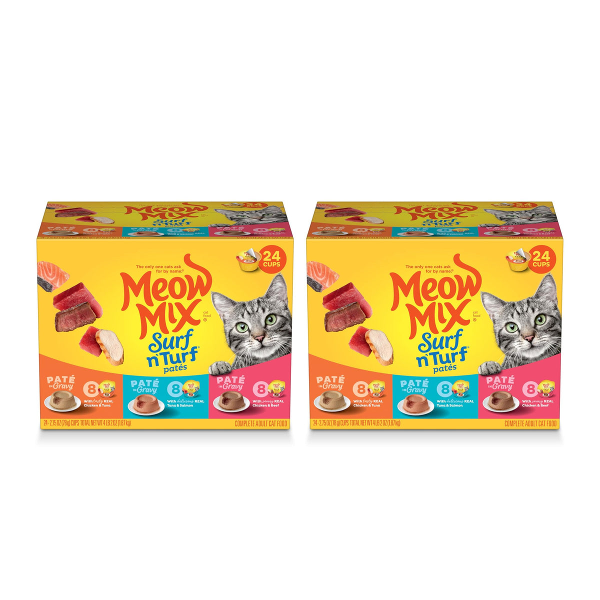 Meow Mix coupelle face avant montrant l’emballage pratique et gain de temps