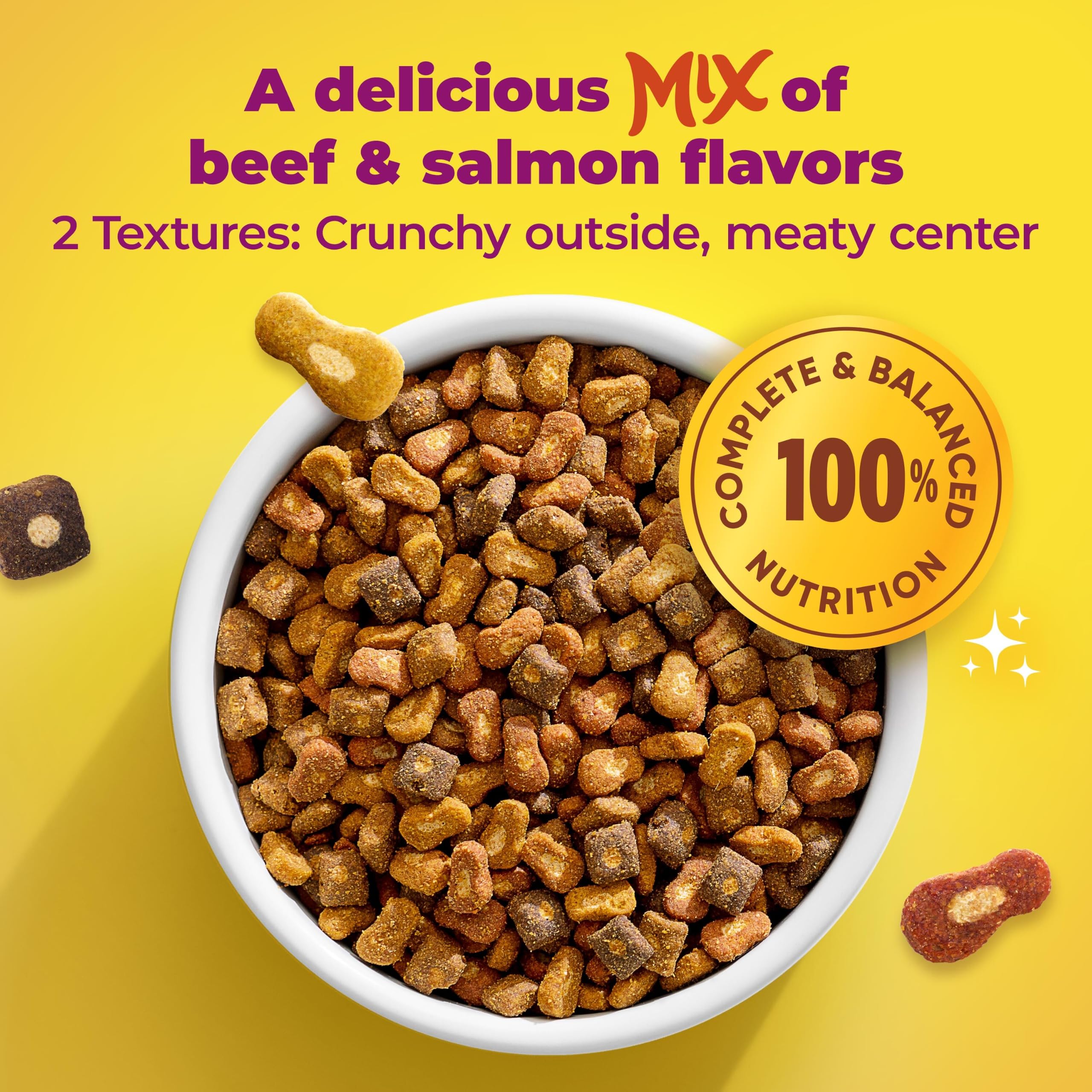 Meow Mix assortiment croquettes bœuf et saumon montrant la variété gustative