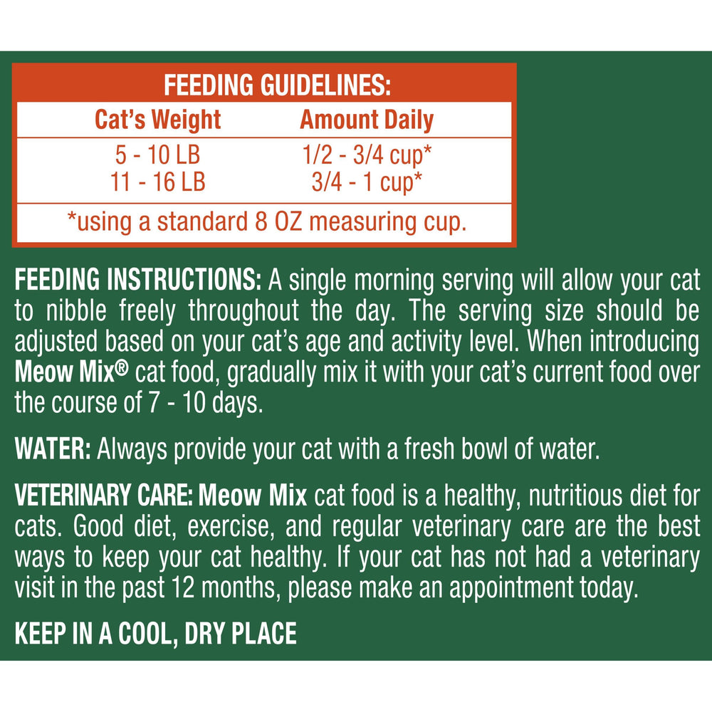 Meow Mix dos du sachet avec informations d’alimentation visibles pour réglage