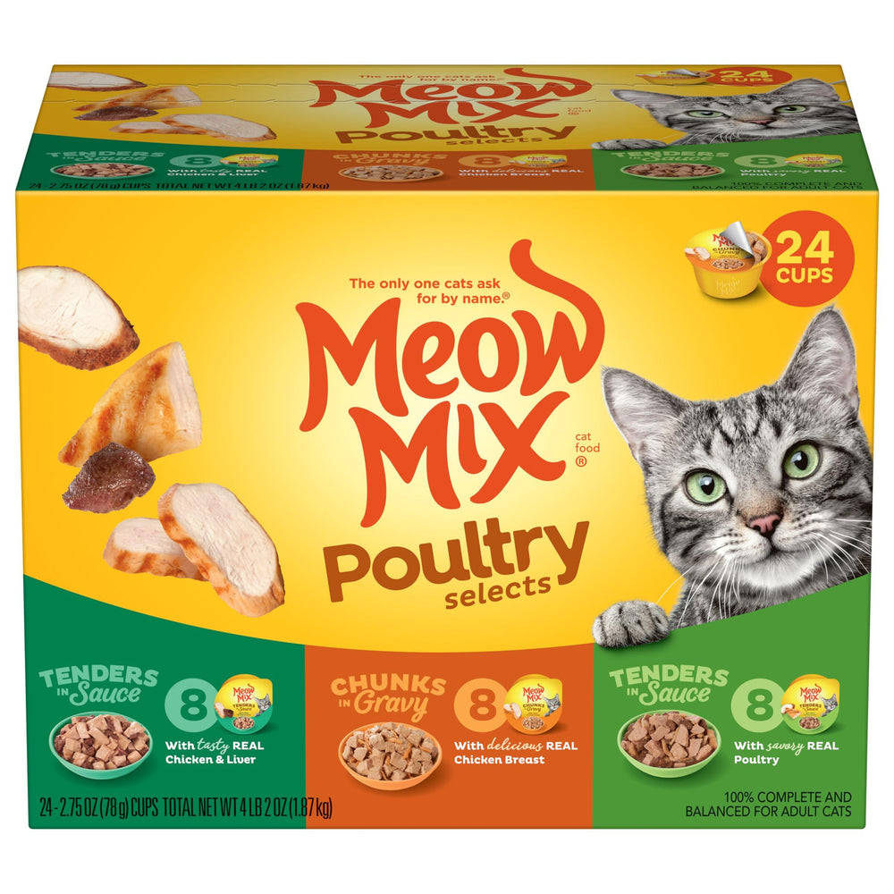 Meow Mix emballage avant montrant le pack 24 et la variété de recettes