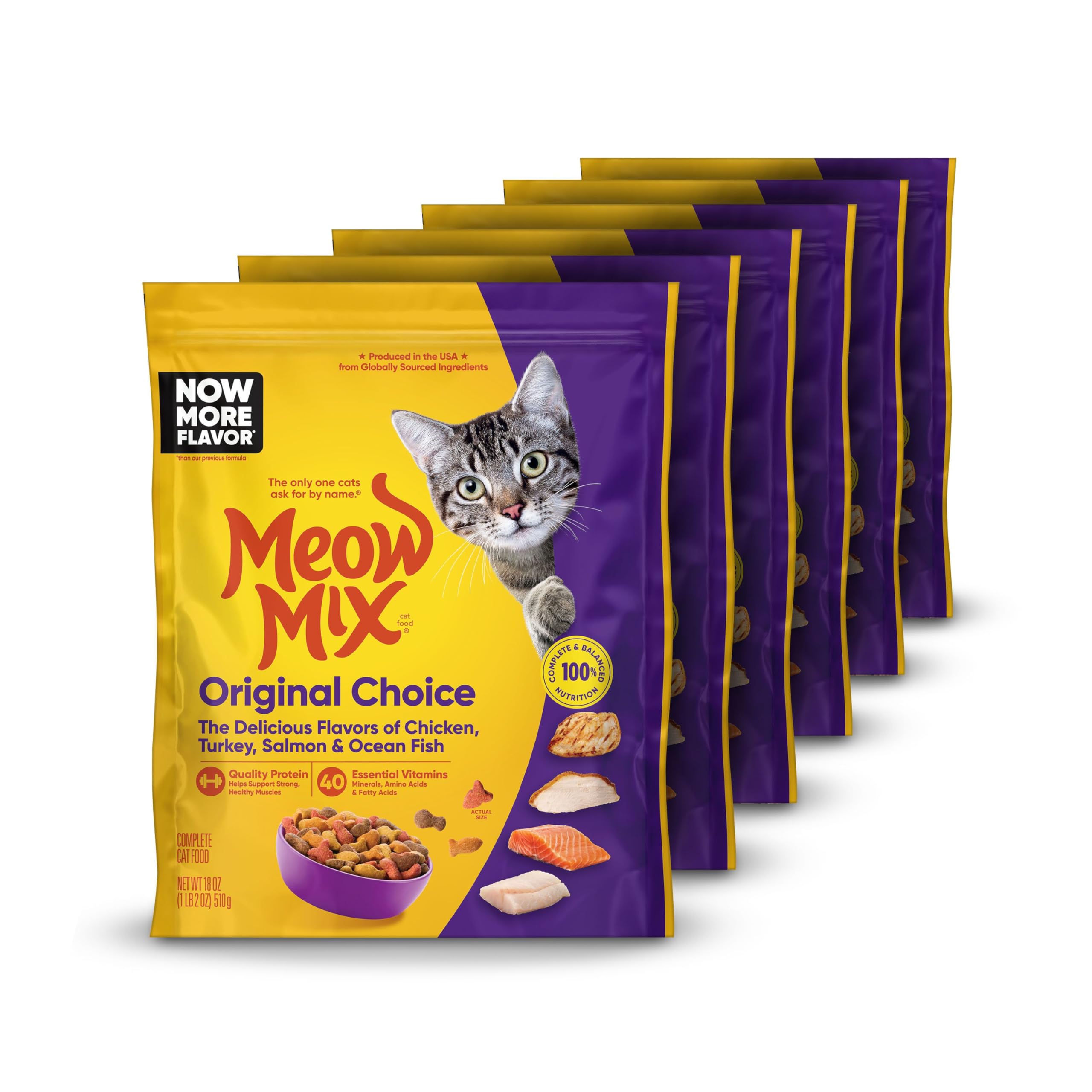 Meow Mix emballage avant montrant le lot de six et bénéfice praticité