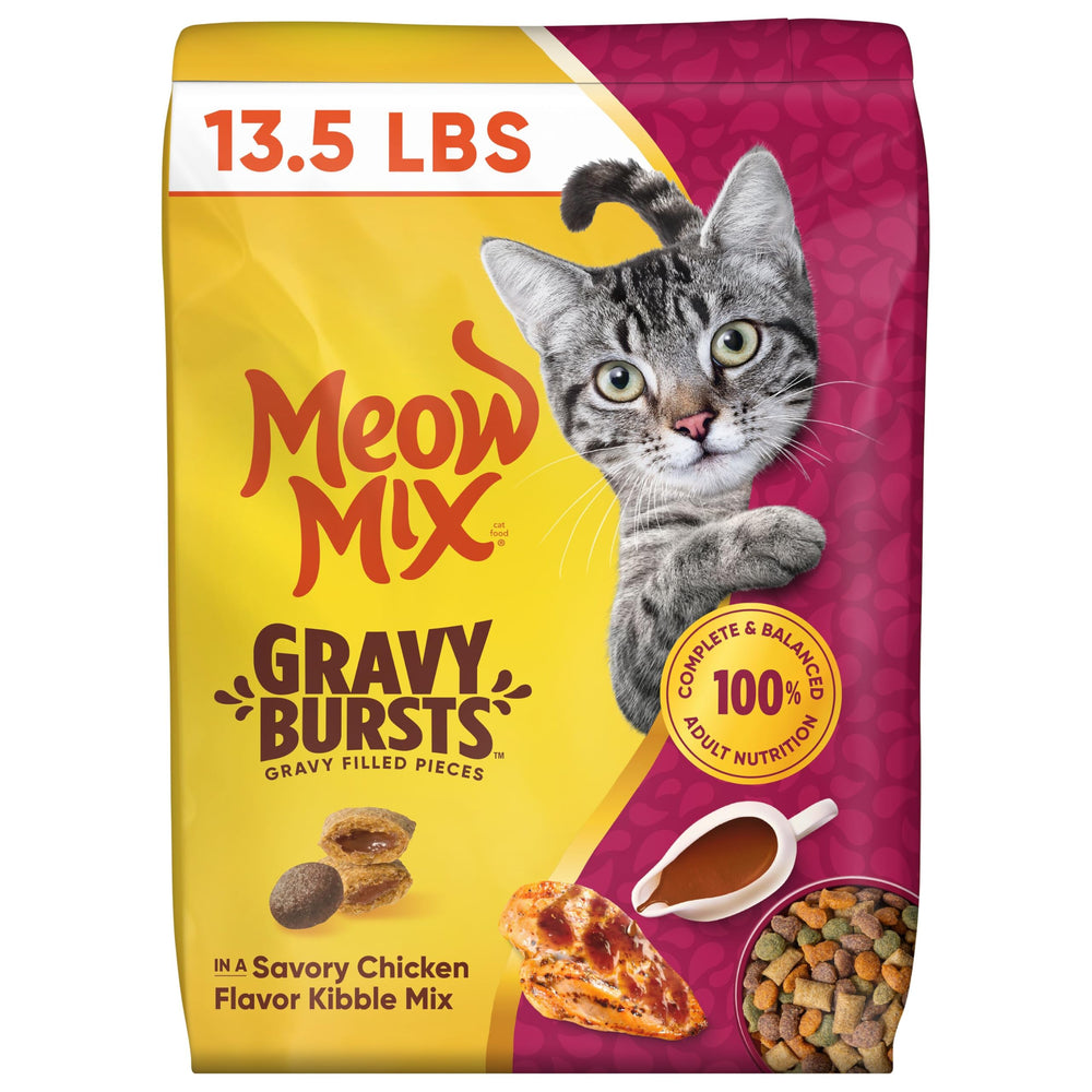Meow Mix emballage avant montrant sac 13,5 lb et bénéfice appétence