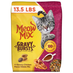 Meow Mix emballage avant montrant sac 13,5 lb et bénéfice appétence