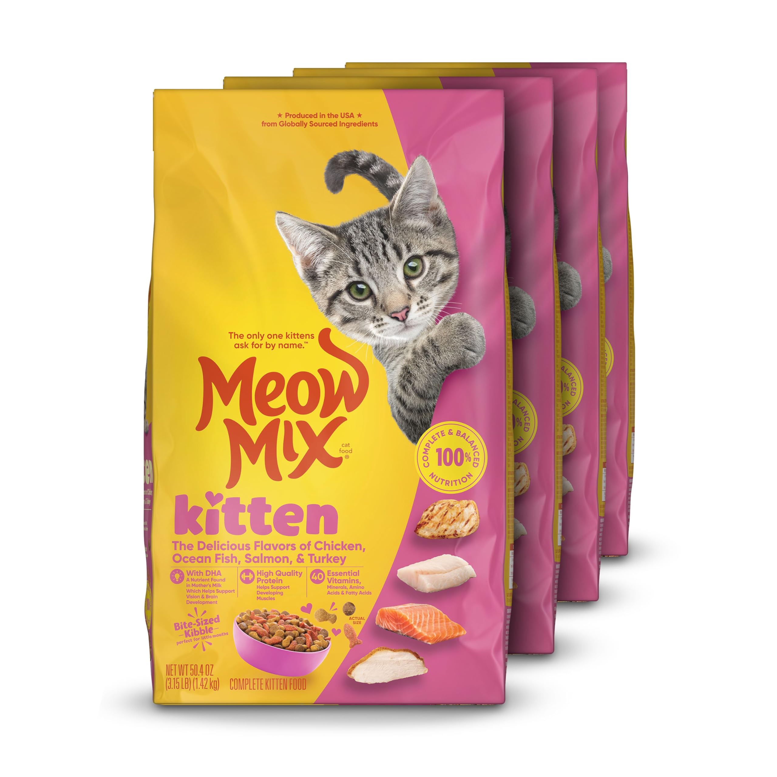 Meow Mix emballage avant montrant le produit et rassurant sur la qualité
