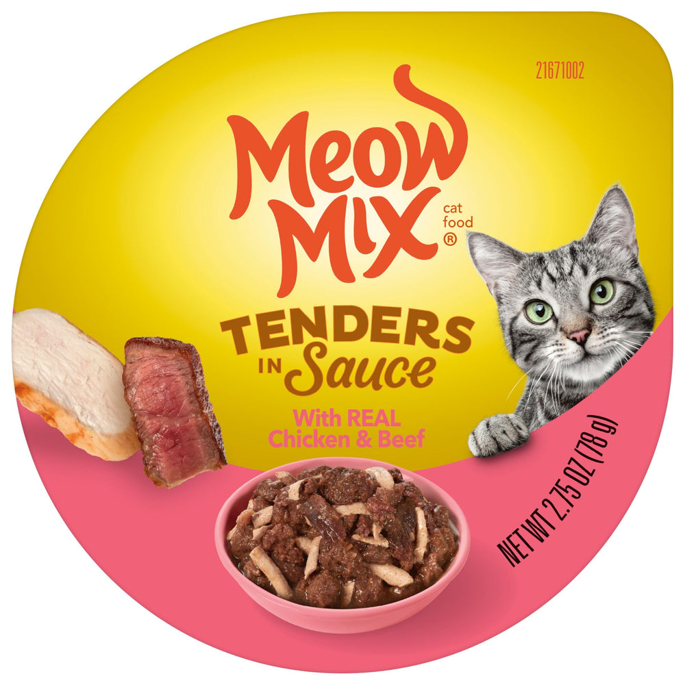 Meow Mix côté d'emballage affichant ingrédients et instructions de conservation