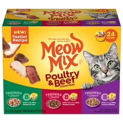 Meow Mix emballage frontal montrant 24 coupelles pour un stockage facile