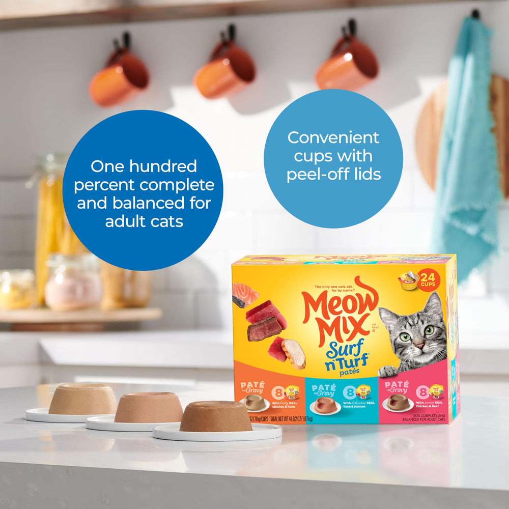 Meow Mix gros plan texture pâté pour appétence et facilité de mastication