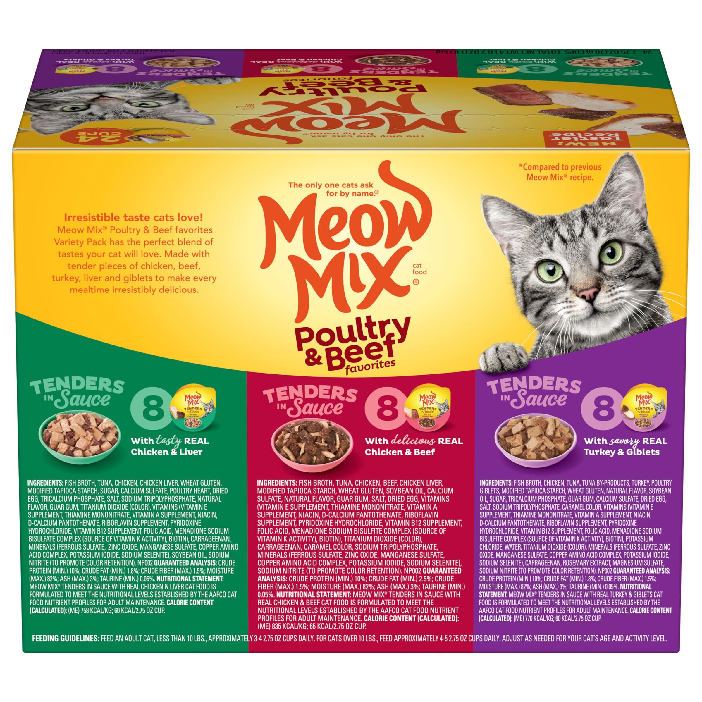 Meow Mix ingrédients poulet et foie illustrant protéines réelles