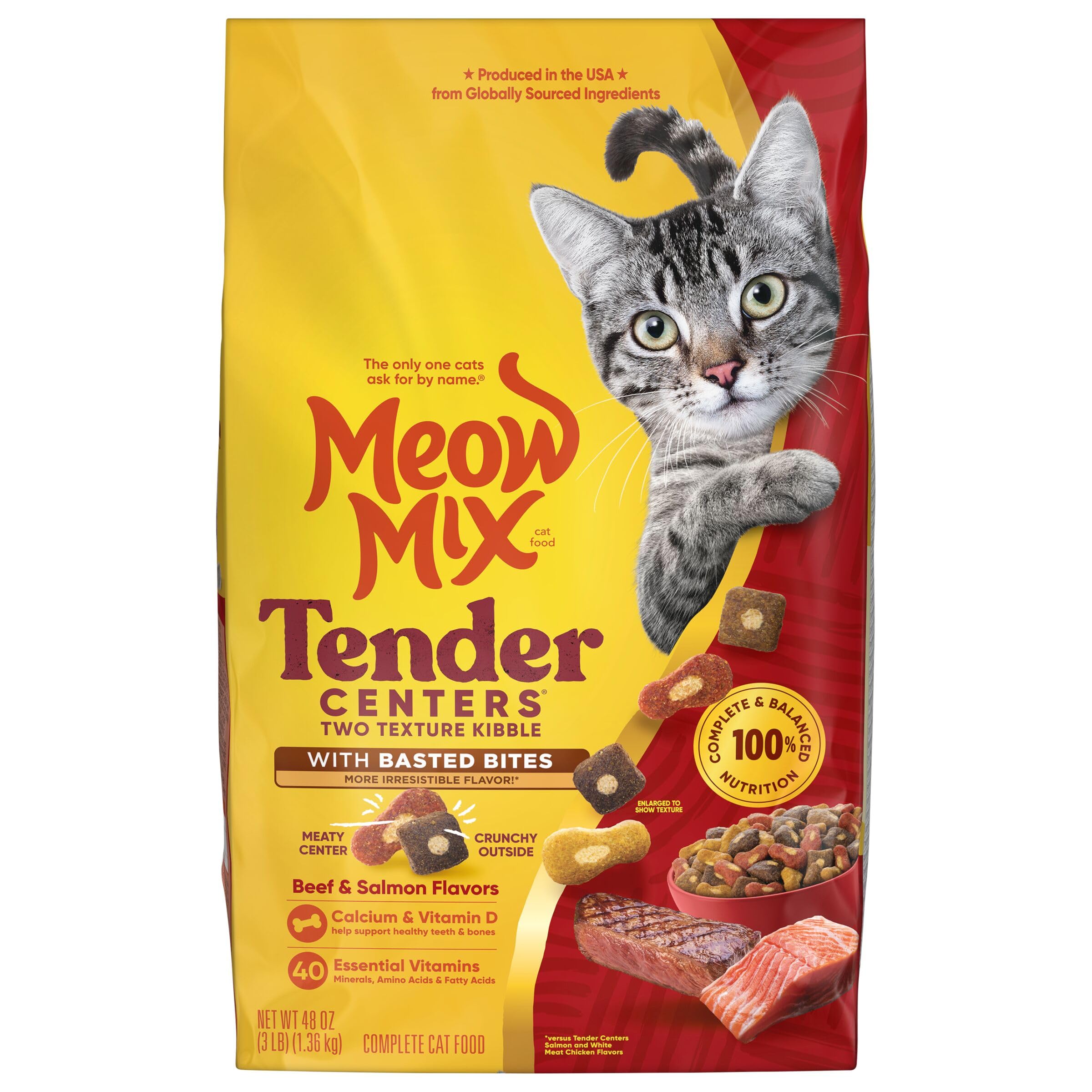 Meow Mix chat heureux près du bol, illustrant acceptation et plaisir