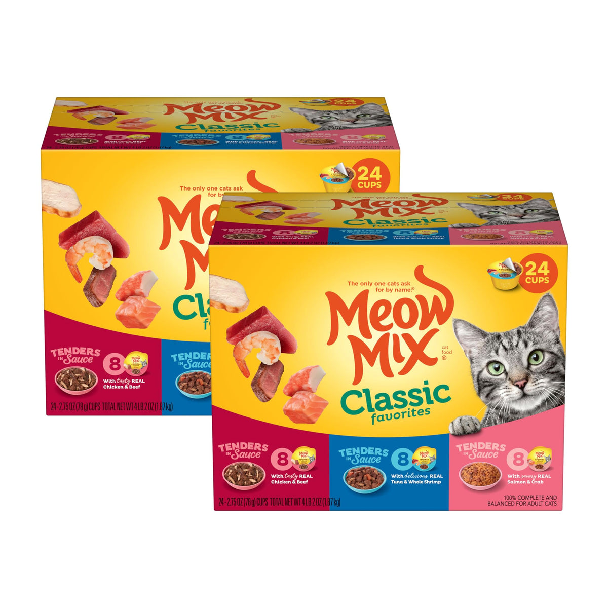 Meow Mix pack 48 coupelles montrant l'emballage pratique et gain de temps
