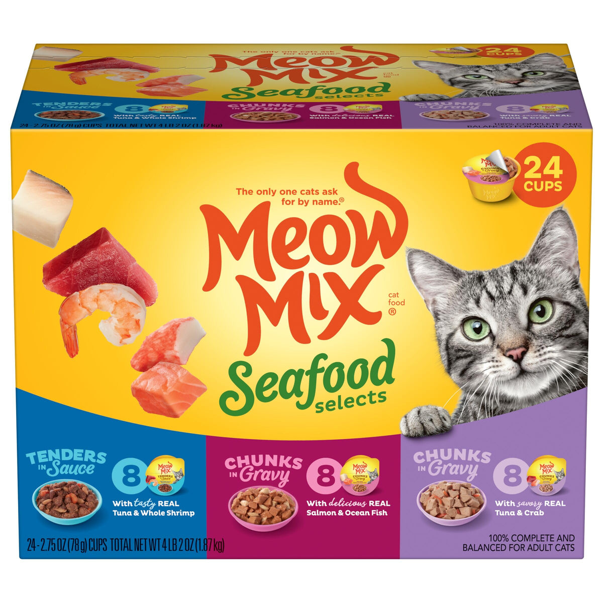 Meow Mix pack avant montrant les 24 coupelles pratique et variées