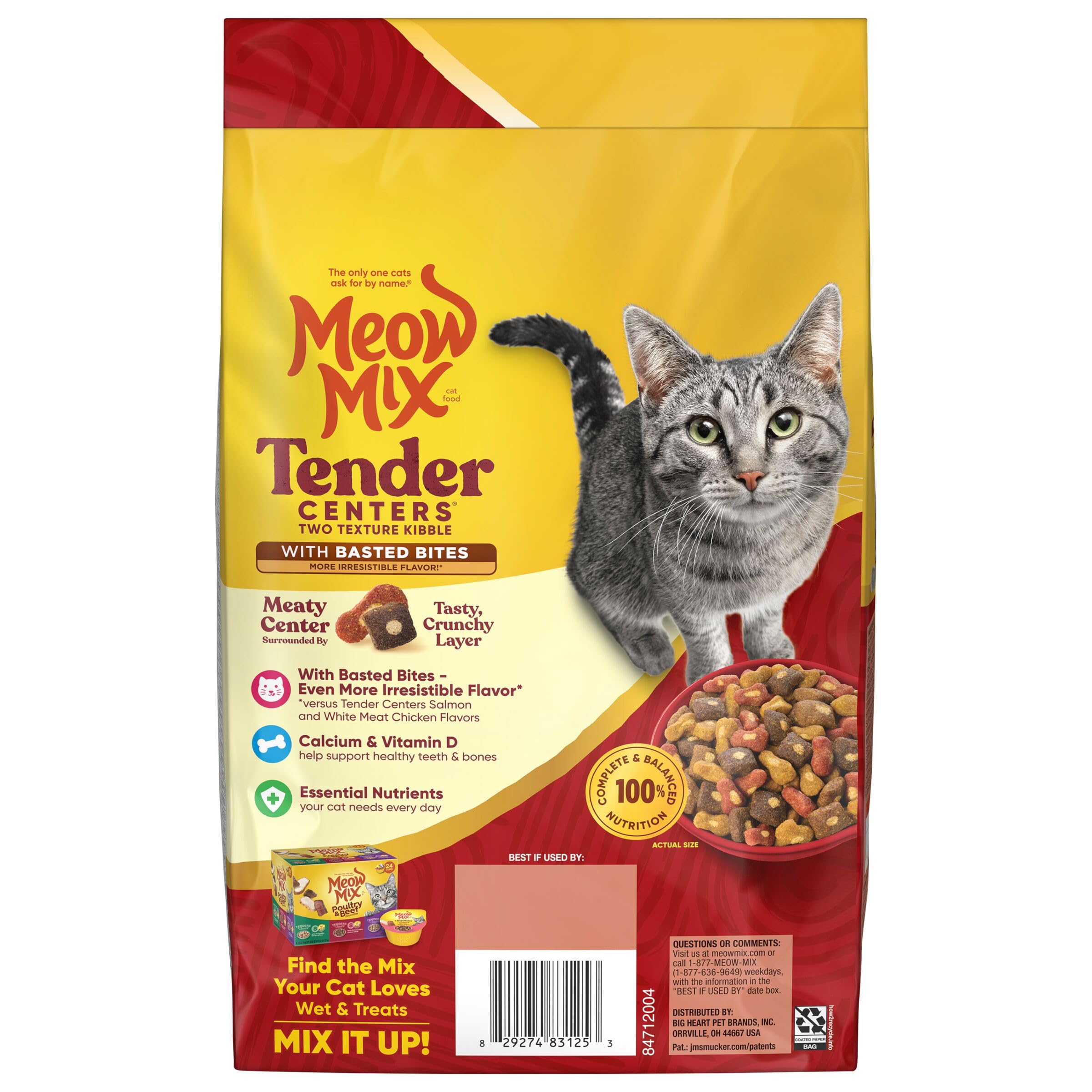 Meow Mix quatre sacs empilés pour démontrer l'emballage pratique
