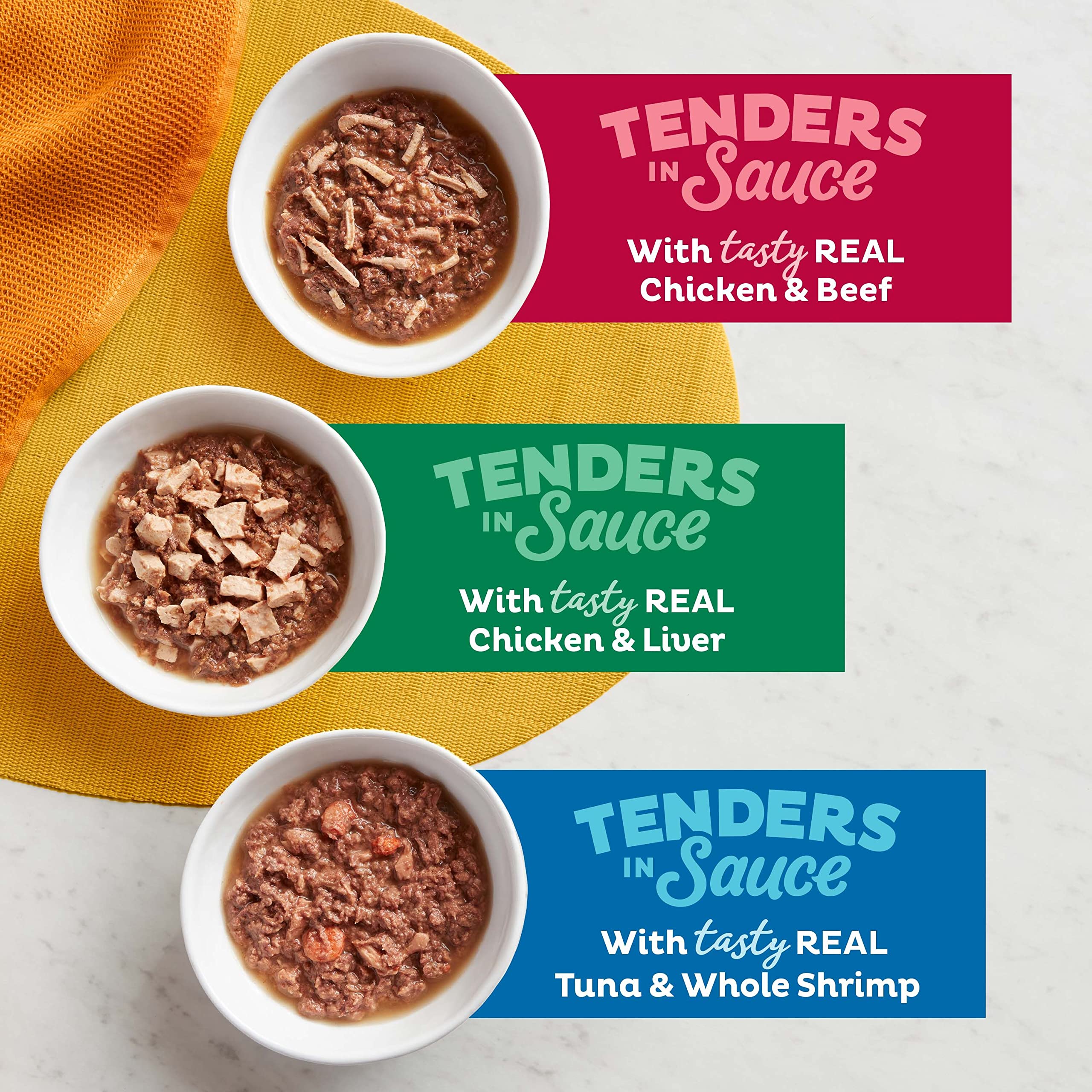 Meow Mix portion poulet et boeuf montrant morceaux tendres et sauce