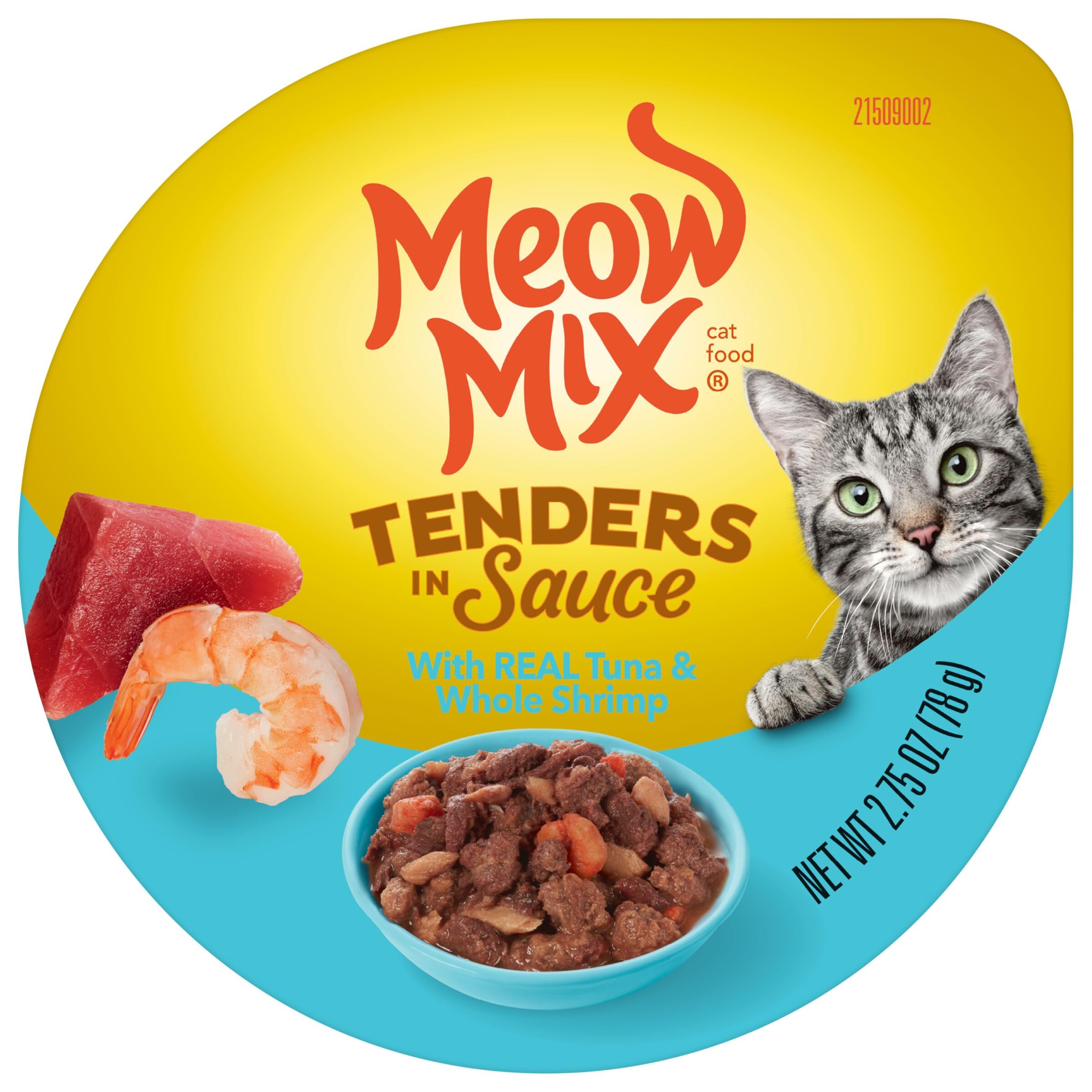 Meow Mix portion thon et crevette sur assiette, riche en saveur