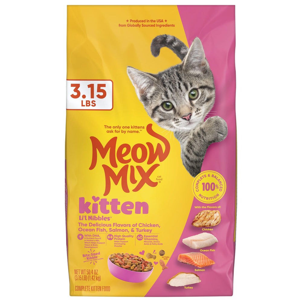 Meow Mix quatre sacs empilés illustrant le lot pratique et l'économie