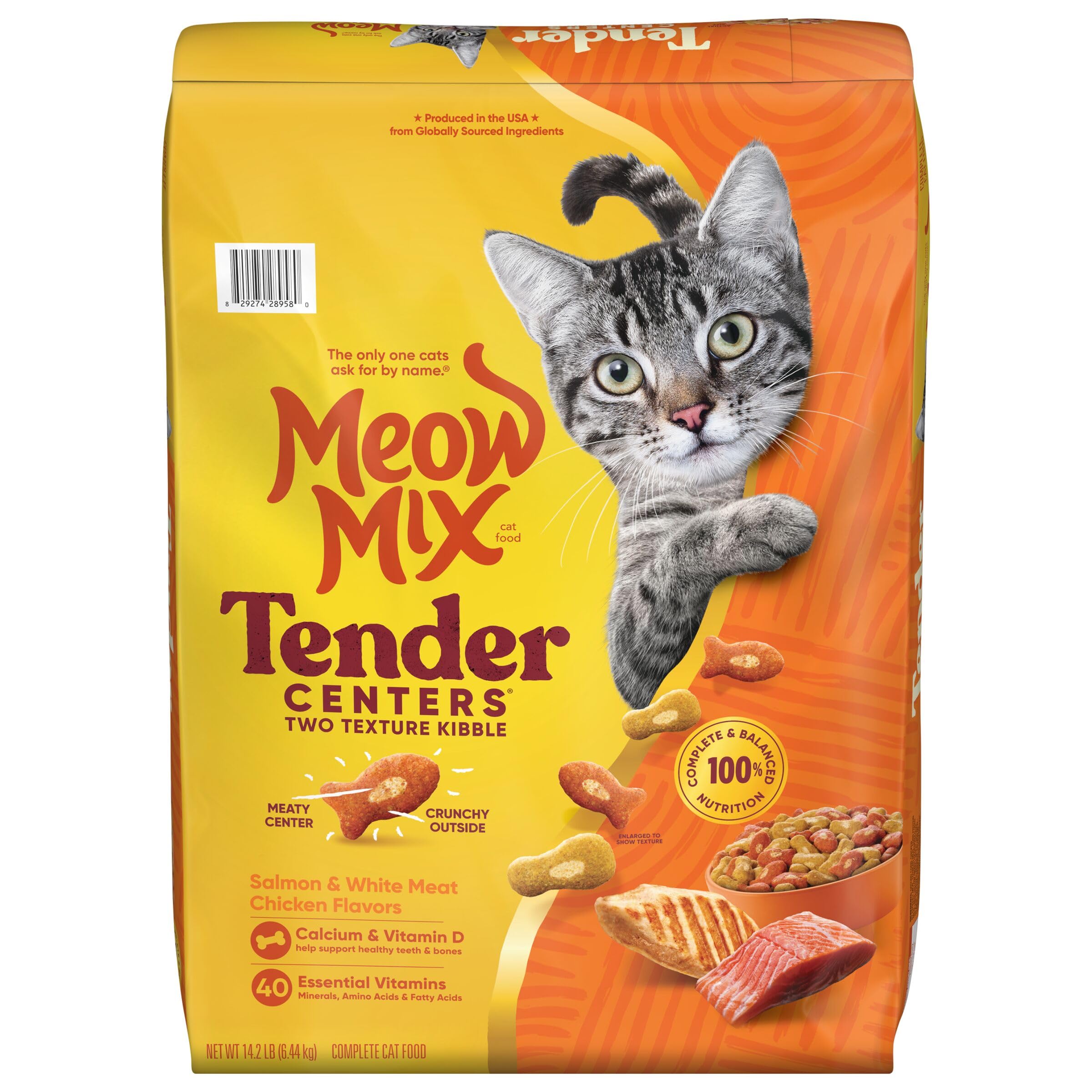 Dos du paquet Meow Mix montrant informations d'utilisation et conservation