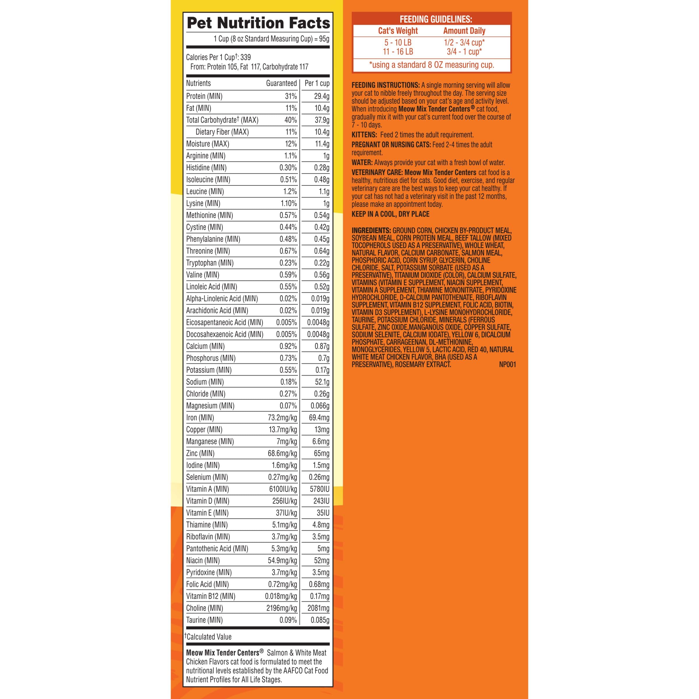 Meow Mix étiquette nutrition détaillée montrant vitamines et minéraux essentiels