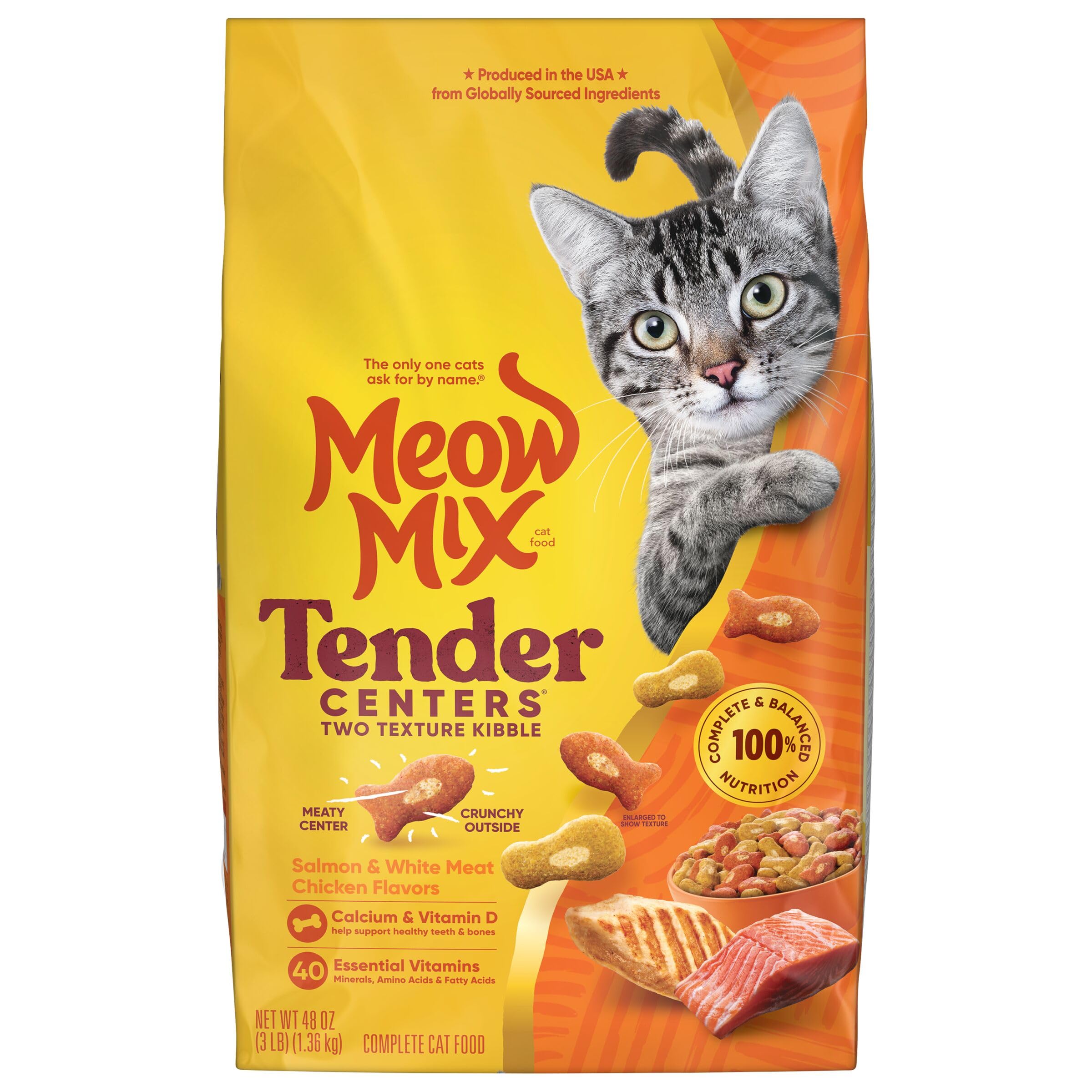 Meow Mix ingrédients saumon et poulet présentés pour souligner les saveurs