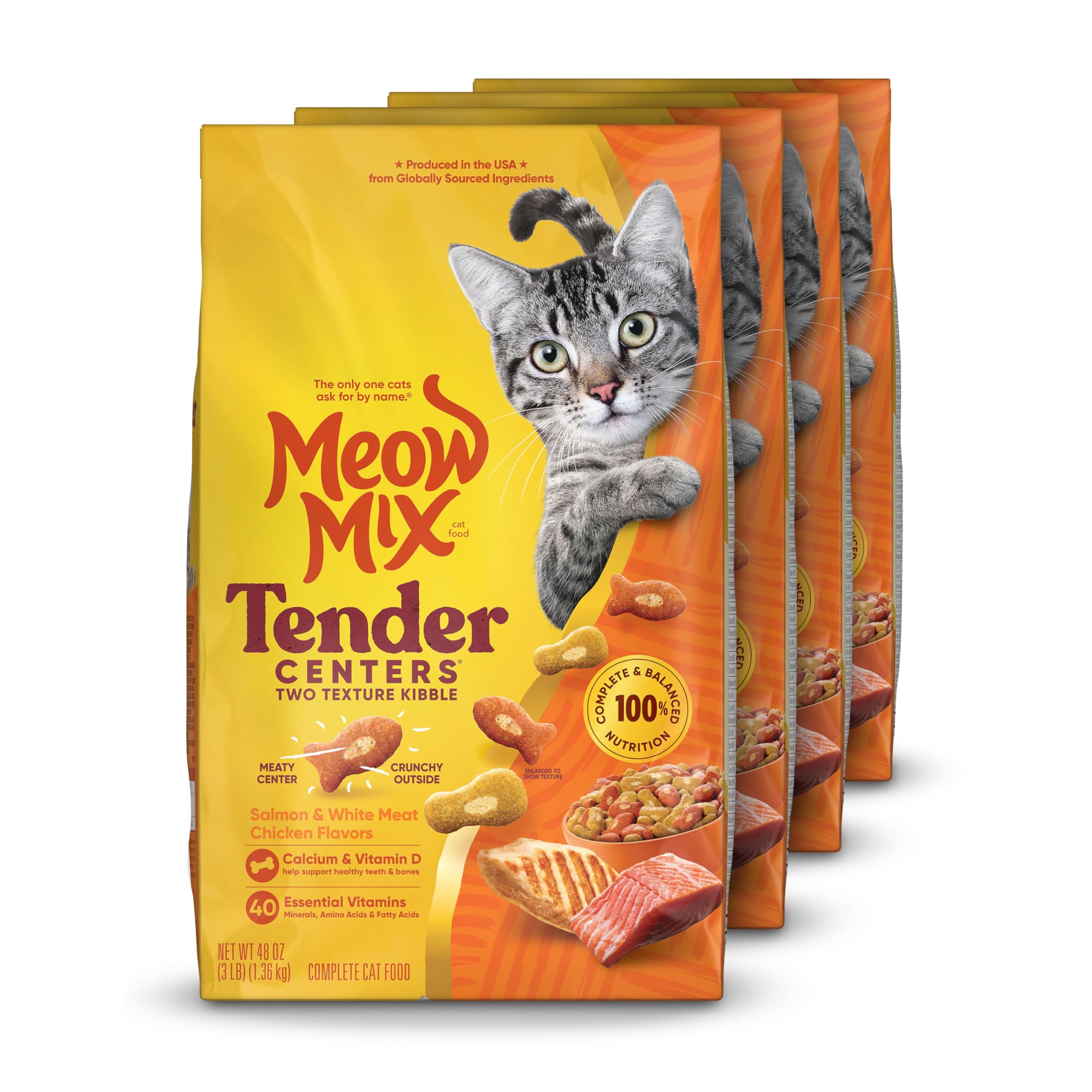 Meow Mix image du packaging avant montrant le lot de quatre sacs et l'attractivité