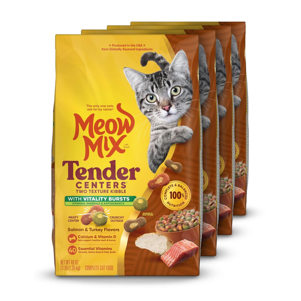 Meow Mix montrant emballage avant et bénéfice polyvalence