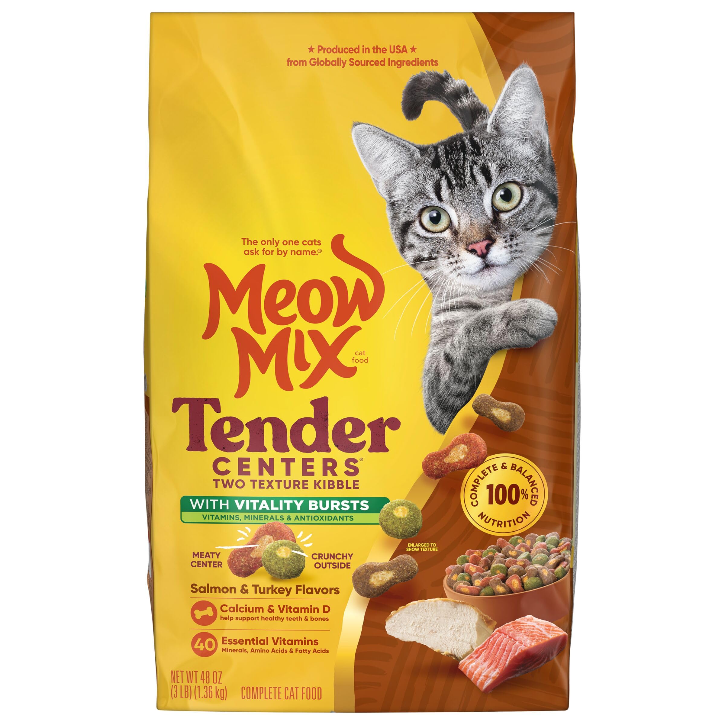 Meow Mix quatre sacs alignés pour souligner économie et stock