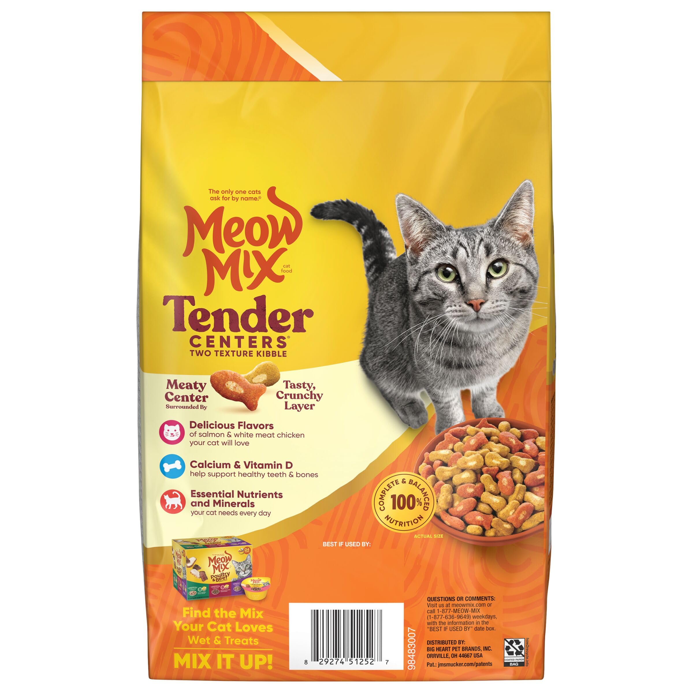 Meow Mix quatre sacs alignés soulignant l'économie et le stockage pratique