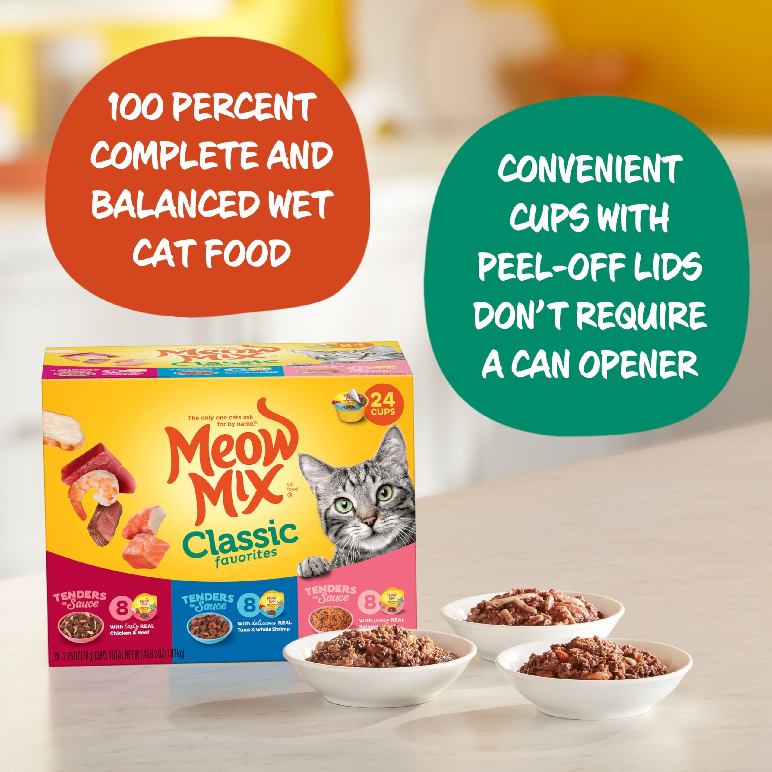 Meow Mix coupelle thon et crevettes ouverte illustrant protéines réelles