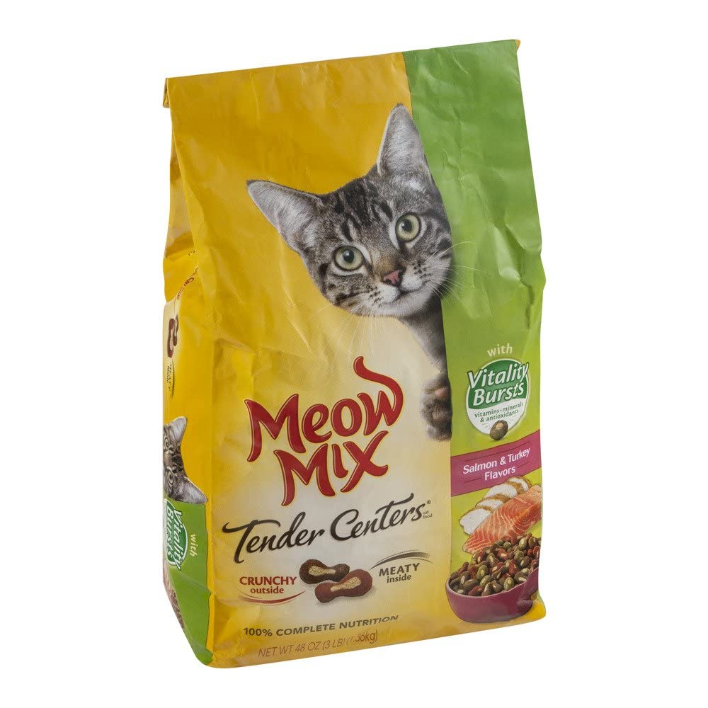 Meow Mix vue de côté avec étiquette lisible et informations nutritionnelles visibles