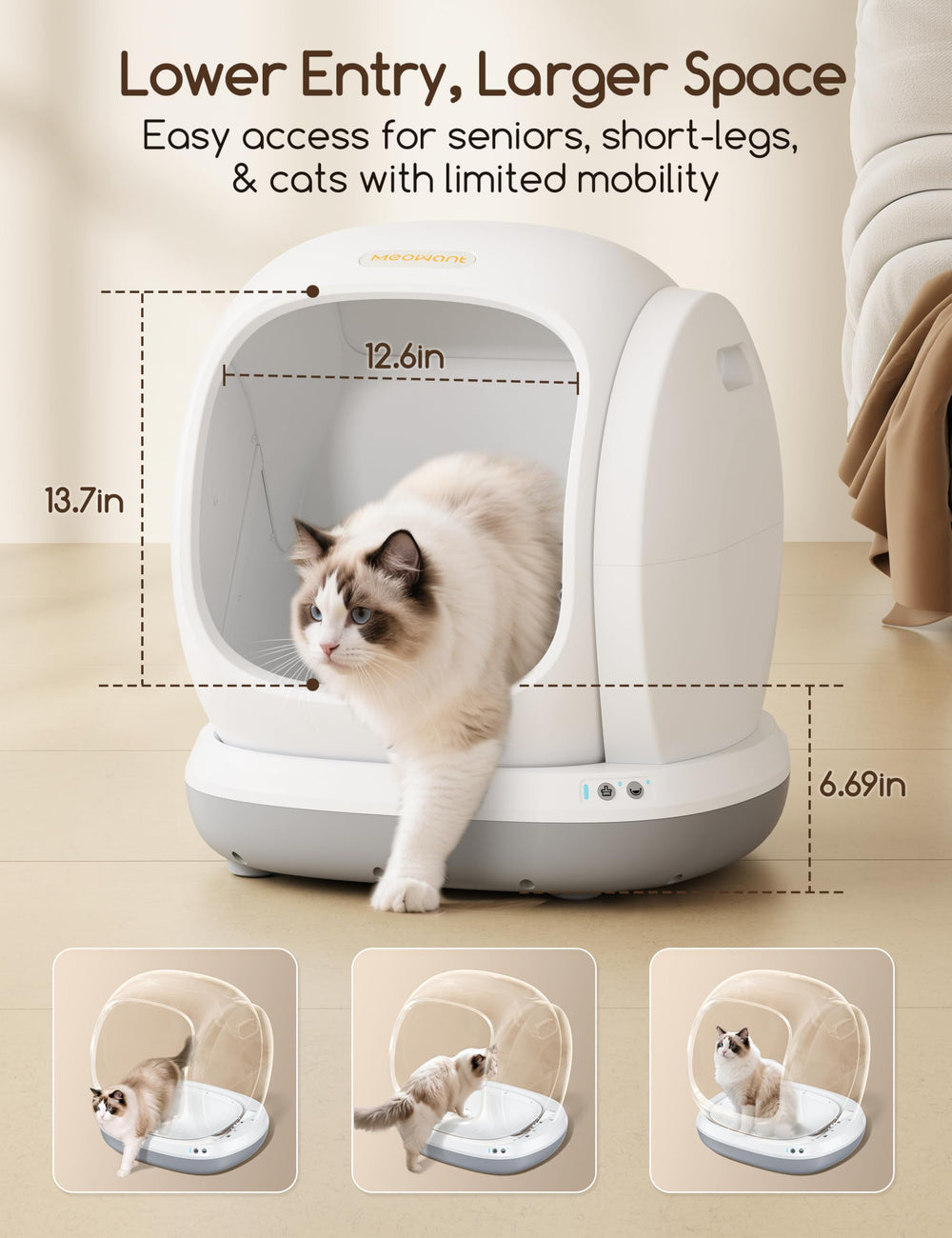 Meowant gros plan capteurs et sécurité anti-pincement protégeant le chat
