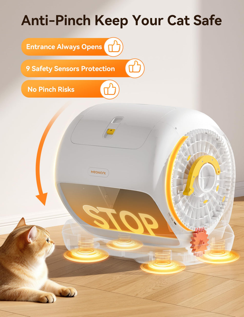 Meowant détail tambour rotatif sécurisé, prévient le risque de pincement
