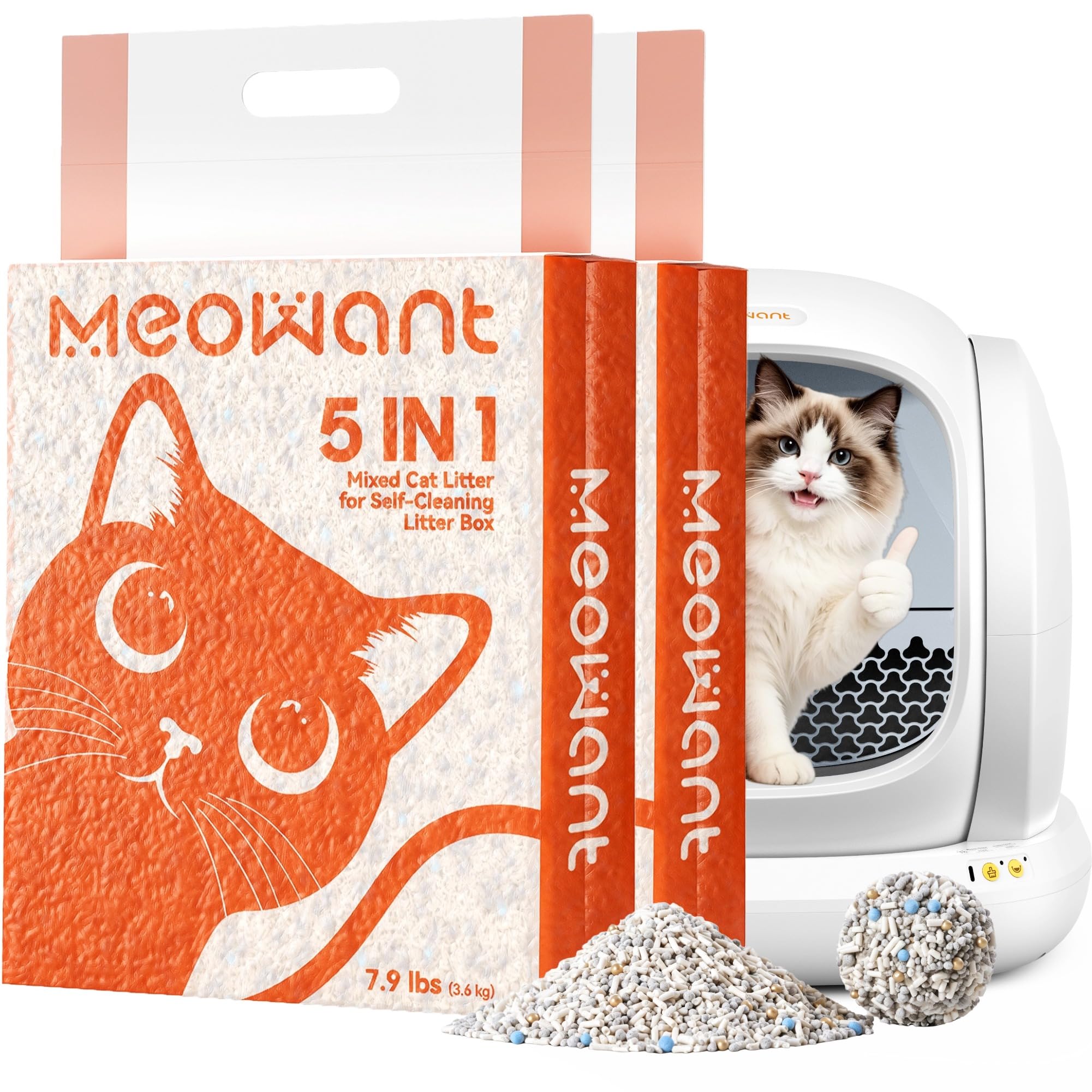 Meowant emballage frontal montrant informations produit et praticité