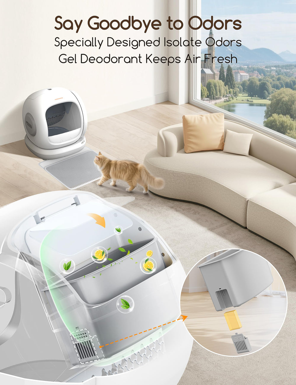 Meowant gel placé dans le compartiment de la litière pour neutraliser odeurs