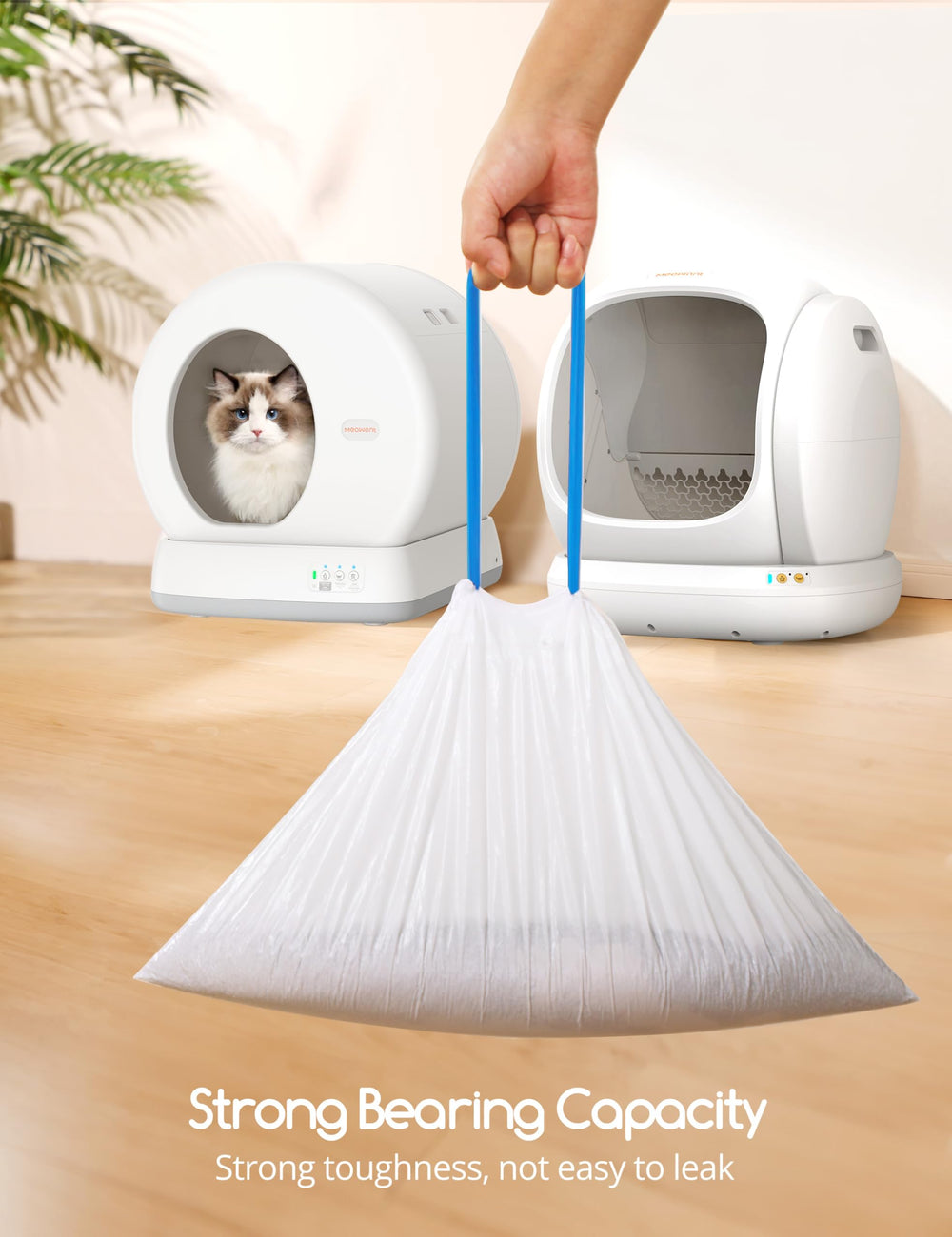 Meowant sac en contexte intérieur près du bac, rend l'entretien quotidien plus simple
