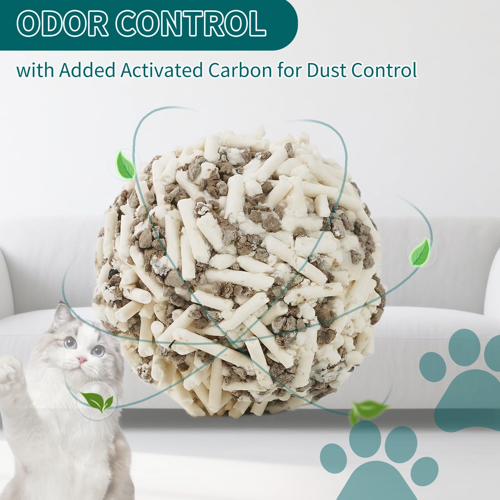 Meowgic Paws étiquette de produit affichant ingrédients naturels et charbon actif