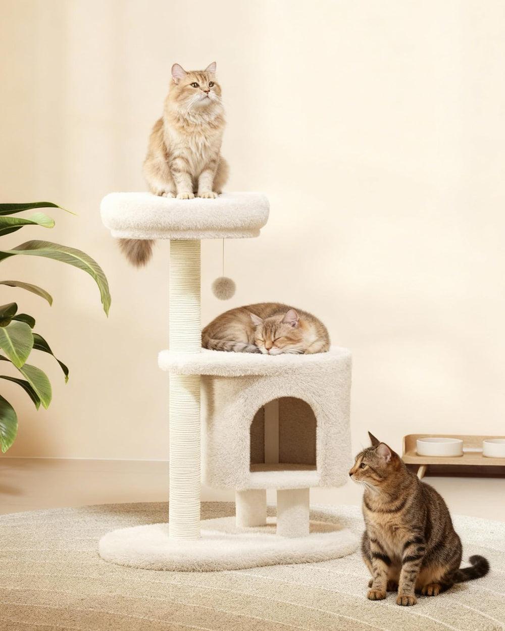 Arbre MeowHomm installé dans un salon beige intégrant décoration