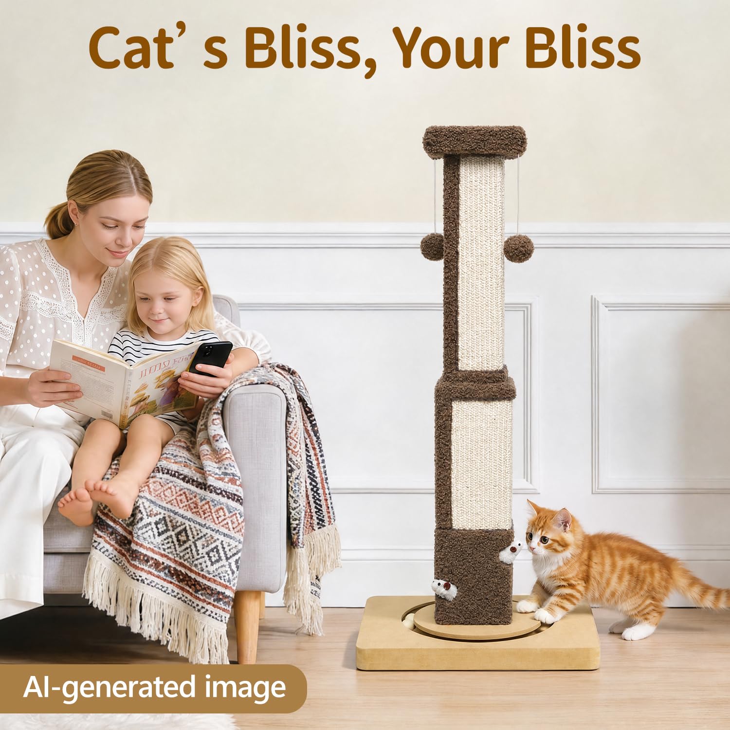 Meowker comparaison taille chat contre griffoir, hauteur 33,8" adaptée aux grands chats
