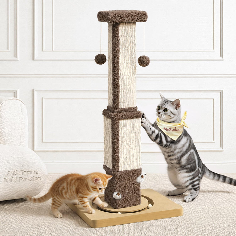 Meowker vue frontale du griffoir vertical, stabilité et zone de griffade