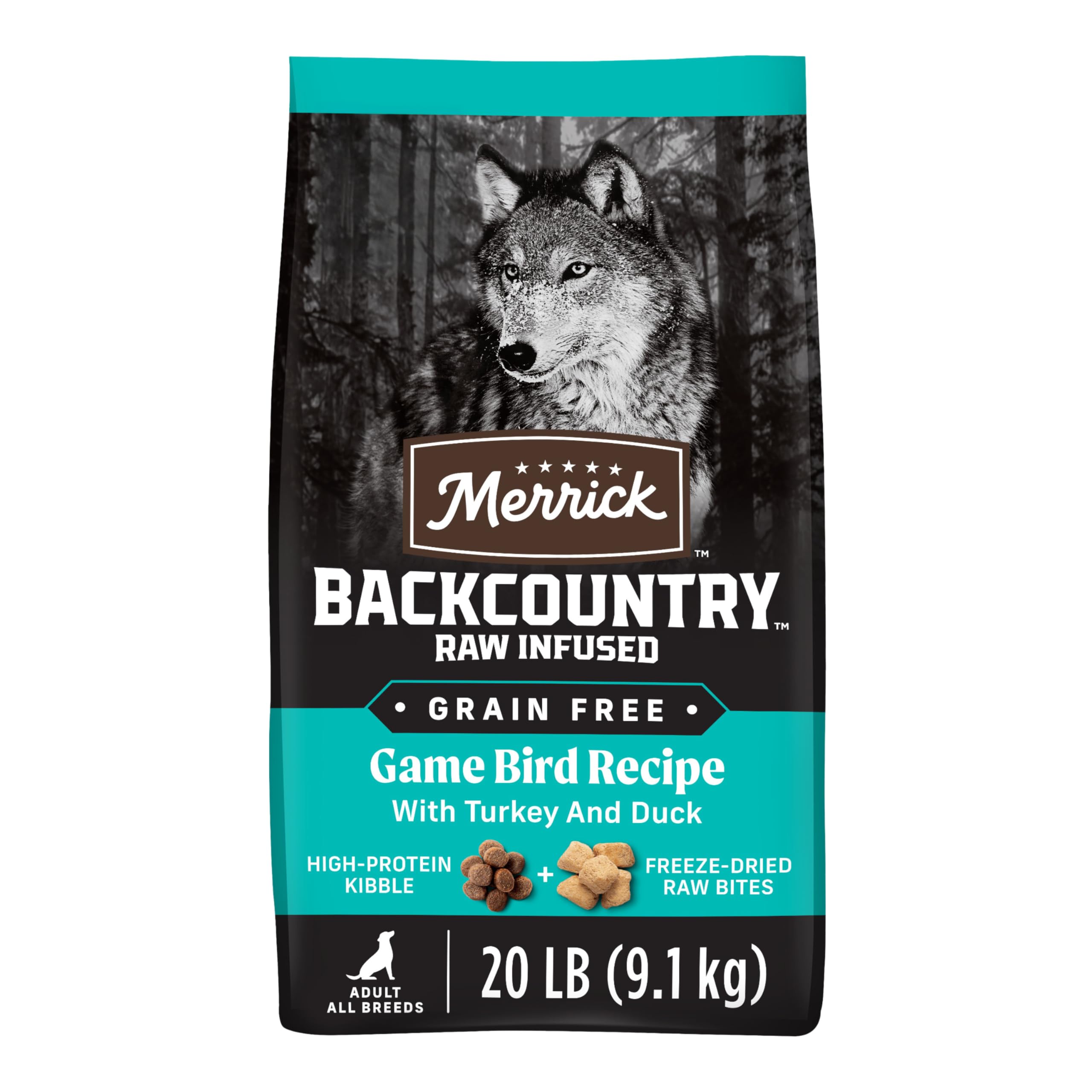 Merrick sac avant montrant recette Game Bird et bénéfice protéique