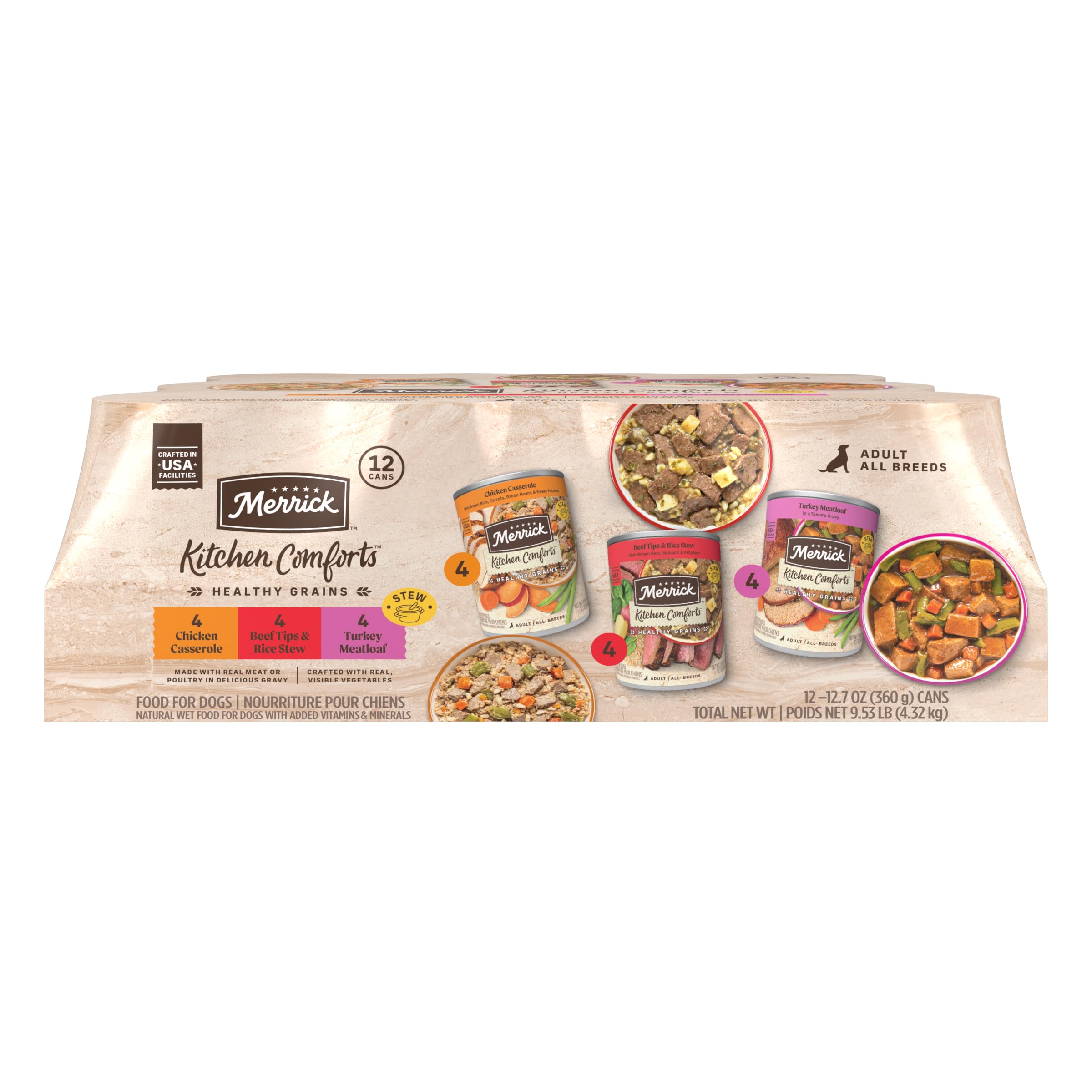Merrick emballage frontal montrant assortiment et bénéfice nutritionnel