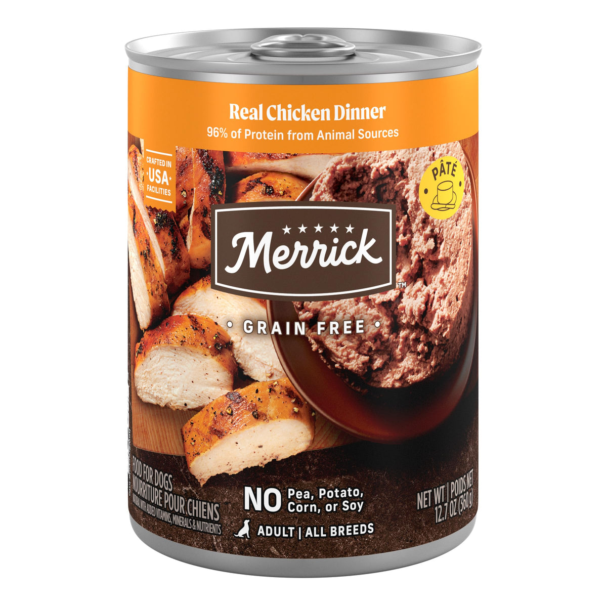 Merrick boîte face montrant l'emballage et l'avantage recette sans céréales