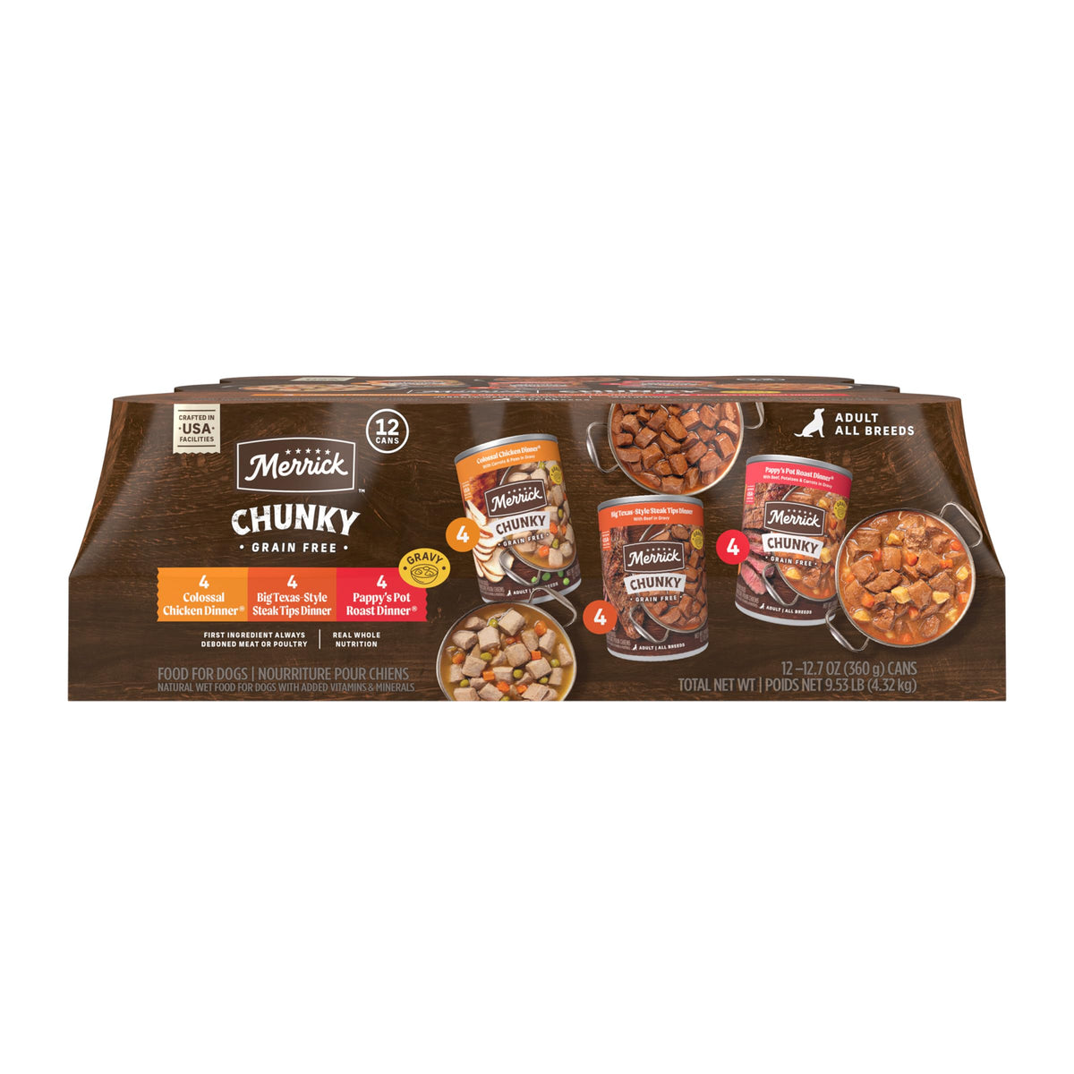Merrick emballage pack variété montrant trois recettes, variété appréciée