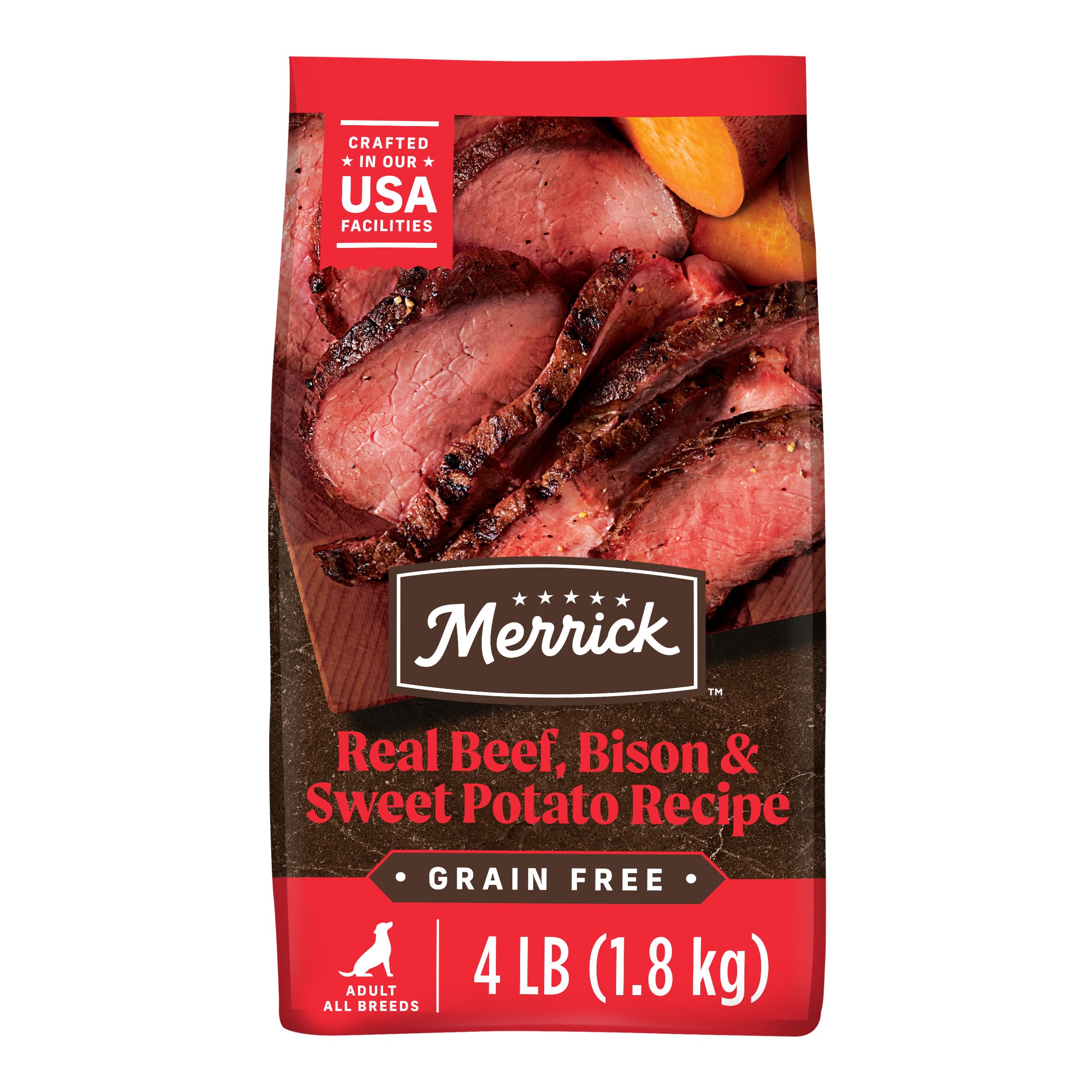 Merrick emballage avant 4 lb montrant la recette et avantages nutritionnels