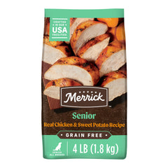Merrick emballage avant montrant recette poulet et patate douce bénéfice nutritionnel