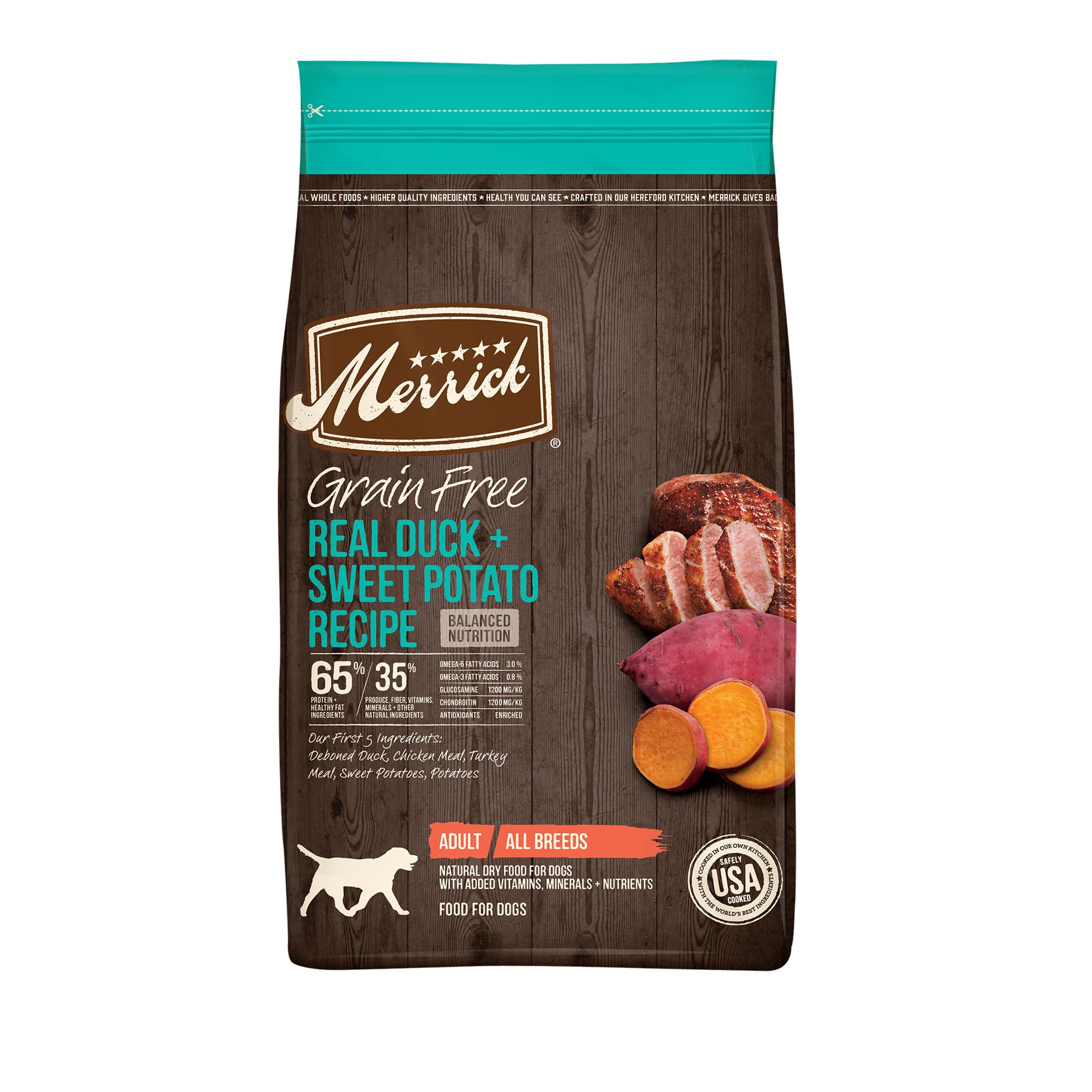 Merrick emballage avant montrant recette canard et patate douce, confiance produit