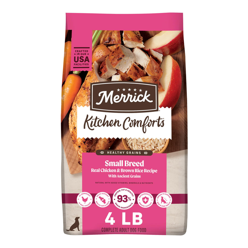 Merrick photo de l’emballage face poulet et riz brun montrant qualité