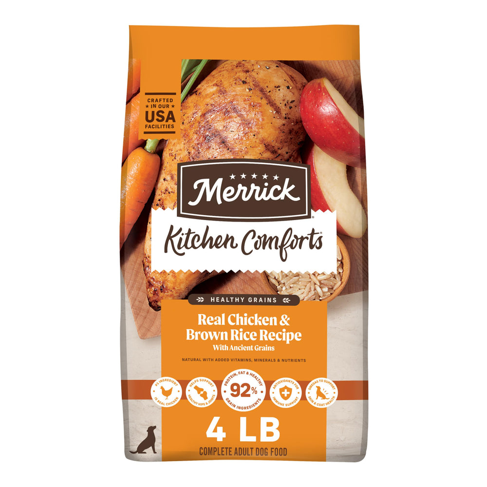 Merrick emballage face montrant recette poulet et riz brun, rassurant